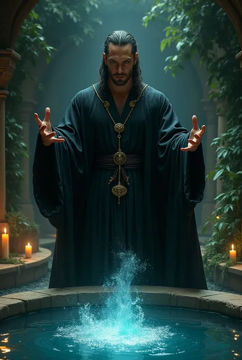 A male witch making some ritual with water and wearing black clothes 