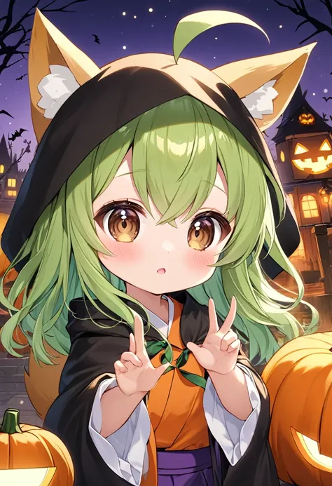 overall view, full dy, halloween, halloween outdoors, (1girl is fox girl), high resolution, portrait of (loli:1.4), child, (fox ear, brown eyes, large fox tail, big eyes), (1 fox tailbone to tail), (perfect hands, perfect fingers, five fingers:1.3), pumpki...