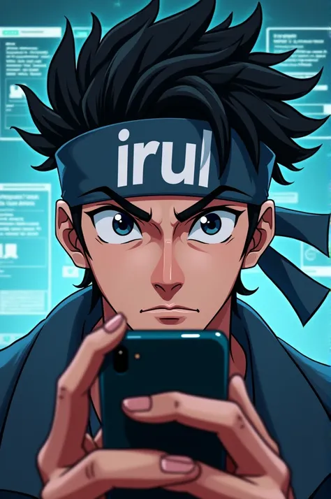 a man with an anime face wearing a headband that says IRUL. and holding a cell phone horizontally against a computer background