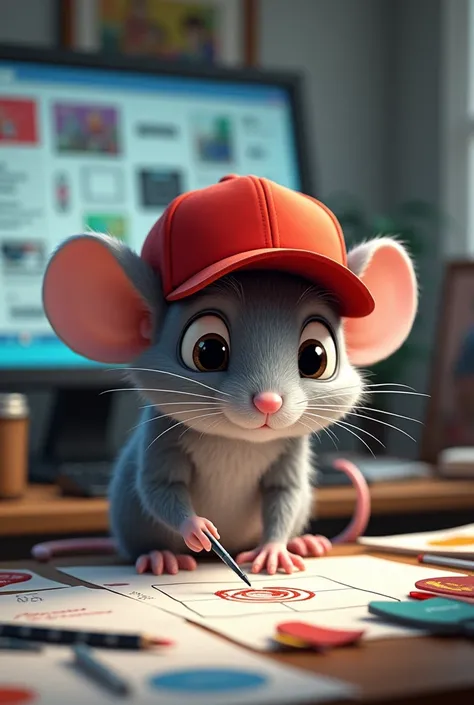 gray mouse with red cap backwards being a graphic designer