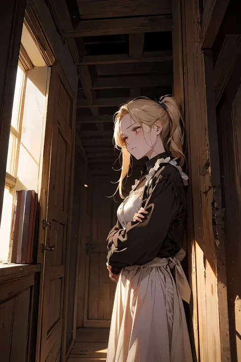 "(masterpiece, high resolution:1.3), Close up, A one blonde-haired woman with pony tail and red eyes, sad gently. She is dressed in an old, tattered maid outfit, standing in an ancient, worn-down house. The house features wooden beams and stone walls, dust...