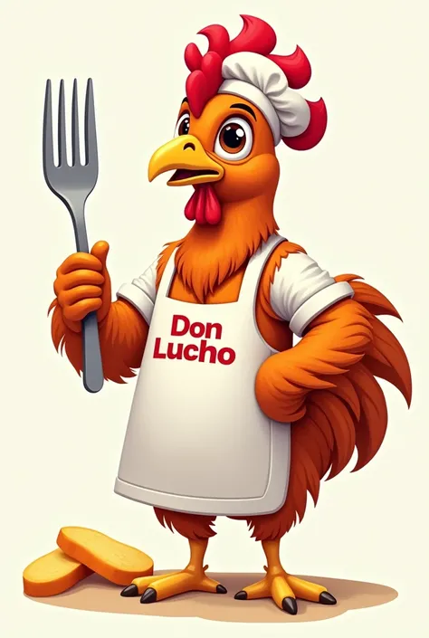 A MASCOT FOR A CHICKEN SHOP THAT IS A CHICKEN WITH A CHEF&#39;S SUIT AND FRENCH FRIES ON THE SIDES AND THAT ITS APRON SAYS DON LUCHO AND IT IS HOLDING A FORK
