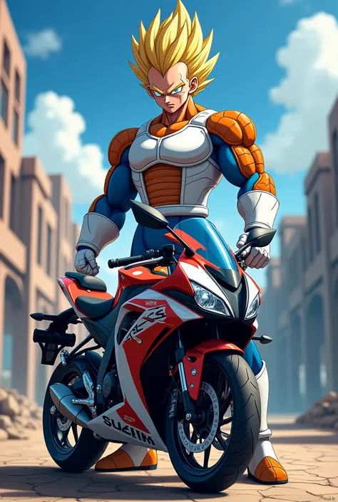 Vegeta standing in front of new Suzuki Gixxer sf 150 faired
