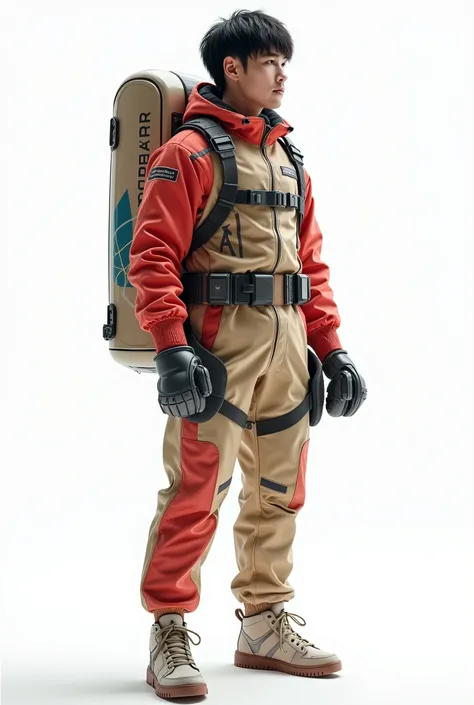 
live-action、Real、Sand beige and red pilot suit、Atom&#39;s coloring、High-top tech sneakers、Black Hair、Shortcuts、Equipped with a flying unit developed by the Navy.、Jet Propulsion、White background