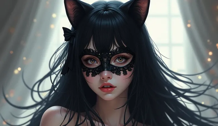 1 , breasts, Alone, Long hair, cat ears, shine, Mask, high resolution, black hair, Hair bow, Decoration art, 