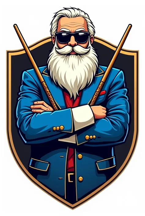 Santa Claus with sunglasses, with arms crossed and drumsticks in hands, with royal blue and urban gold suit, with bugles and drums, white background, All this within a shield that looks like a logo but looks like a drawing and has dark glasses that are hal...