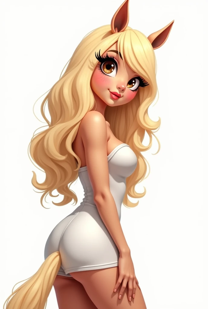 make a brown humanoid horse woman with powerful blonde wig (Long hair) and false eyelashes with a white strapless dress, she is posing for the cover of a magazine (make it in 2d cartoon) (brown eyes) (white background) (she is showing her ass from behind) ...