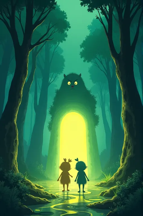 Scene 3**:  
*Entering the Magical World*:  
"As Chirp and Golu step through a glowing magical door, they find themselves in a surreal, inverted world. The sky is green, the trees are blue, and the ground shimmers with strange patterns. A mystical creature...