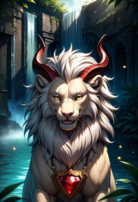 multi eye, multi horns, multi wing, 4 eyes, 4 horns, 4 wings, white hair mane, male feral white lion, beast, mythological chimera, white body, fluffy fur, [:yellow eyes, dark red horn:0.5], feathered white wings, claws, BREAK, smirk smile, open smile, thre...