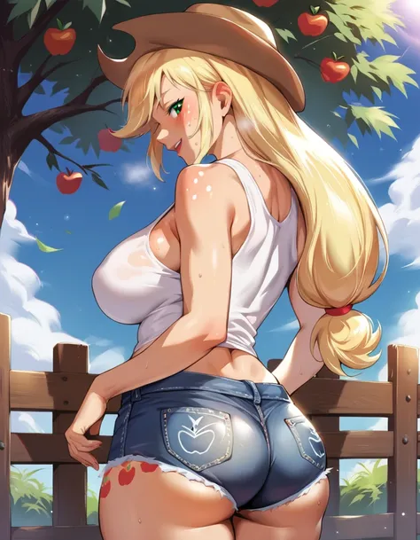 score_9, score_8_up, score_7_up, score_6_up, source_anime, source_pony, (applejack human:1.3), BREAK rating_questionable, (applejack, human:1.3), mature, slutty, tall, large breasts, ikuchan, detailed background, slutty, huge ass, fat ass, (sweating), outd...