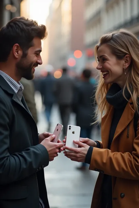  Two people exchanging iPhones, and an old iPhone to a new iPhone
