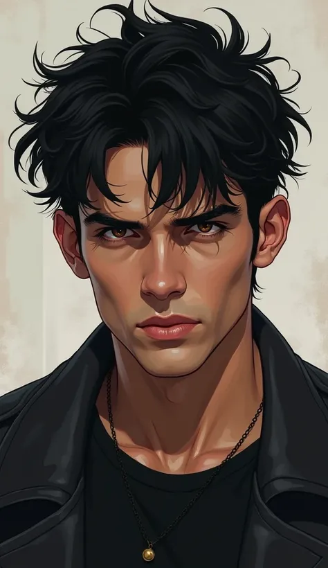 Cover of a 20-year-old Caucasian man with black hair and brown eyes, messy hair, with a cold look, illustration