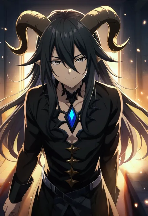 1boy, black long hair, hair between eyes, gray eyes, dragon boy, CG, goat horns, naughty smile