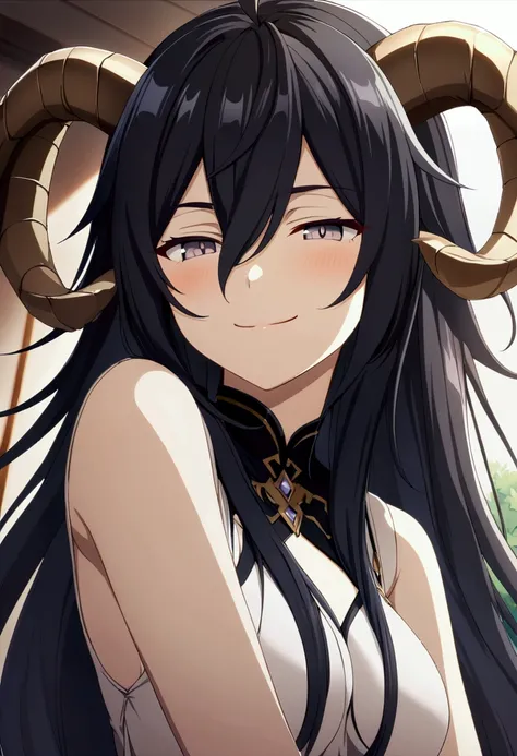 1boy, black long hair, hair between eyes, gray eyes, dragon boy, CG, goat horns, naughty smile