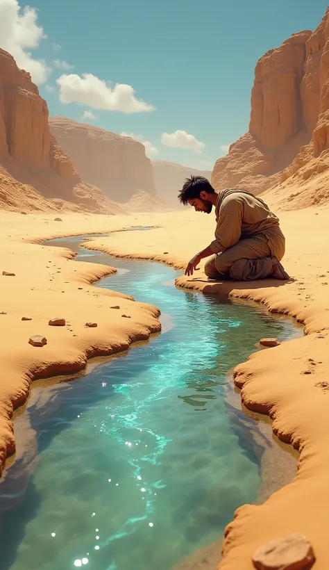 A person walking tiredly through the desert, suddenly discovering a small stream of pure water flowing through the sand. They kneel down to drink, symbolizing refreshment and renewal. Ultra-realistic, bright and refreshing water against the harsh desert.