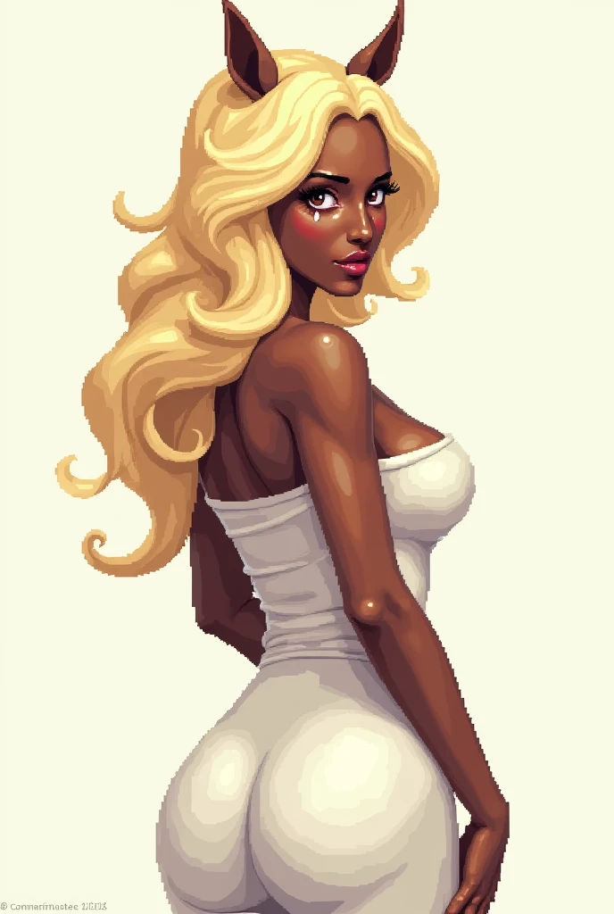 make a brown humanoid horse woman with powerful blonde wig (Long hair) and false eyelashes with a white strapless dress, she is posing for the cover of a magazine (make pixelated 8-bit) (brown eyes) (white background) (she is showing her ass from behind) (...