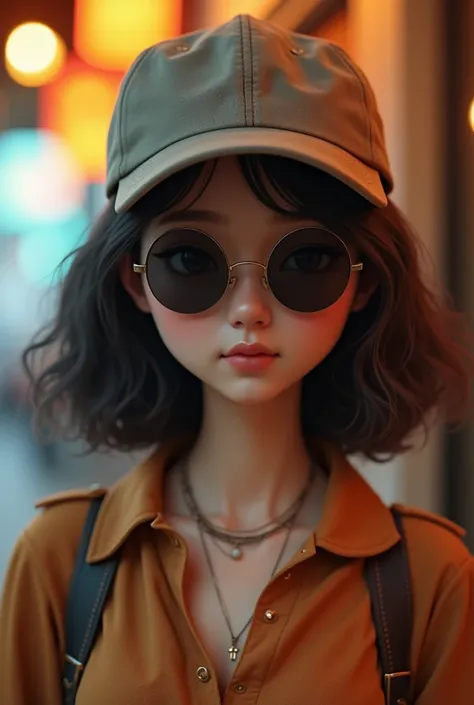 character with brown blouse, with cap, round sunglasses.