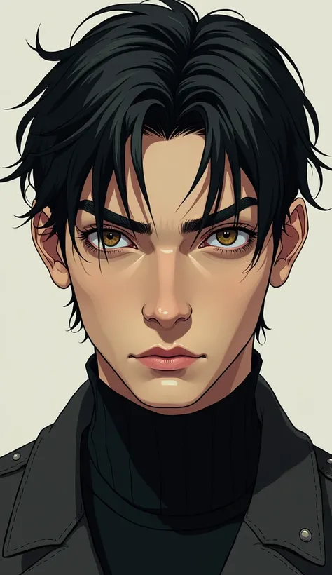 Cover of A 20-year-old Caucasian man with black hair and brown eyes with his hair without any type of hairstyle, with a cold look, illustration