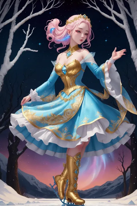 A version of DC Сomics Golden Glider character dressed in French 17th century baroque inspired figure skating dress, richly decorated with glittering multicolored gems, a massive shining jewel on the hairline in the middle of the forehead, levitating in th...