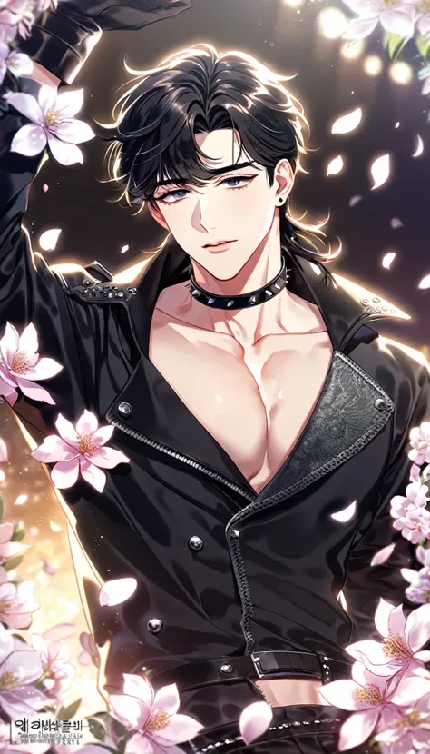 absurdres, highres, ultra detailed, HDR, master piece, best quality, detailed eyes, delicated features, Manhwa Style, Saitou Senri, medium length black hair, hair styled into a mullet, without bangs, no fringe, expressive gray eyes, solo, sexy man, handsom...