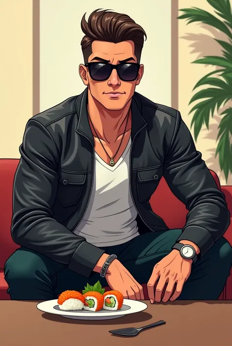 handsome cartoon drawed guy with leather jacket and sunglasses sitting straight towards me no background eating sushi