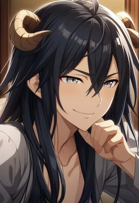 1boy, black long hair, hair between eyes, gray eyes, dragon boy, CG, goat horns, naughty smile