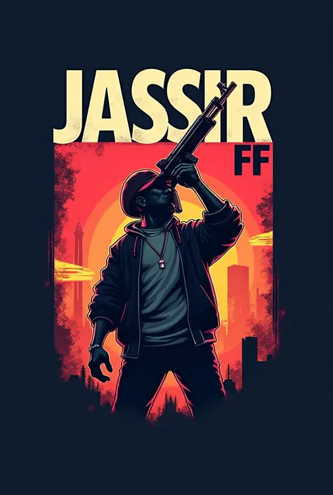 Create a striking logo of the free fire game with a character inspired by the hip hop pass raising the evolutionary ump and above it the letters jassir ff . The letters and the weapon must stand out and contrast with the background. 