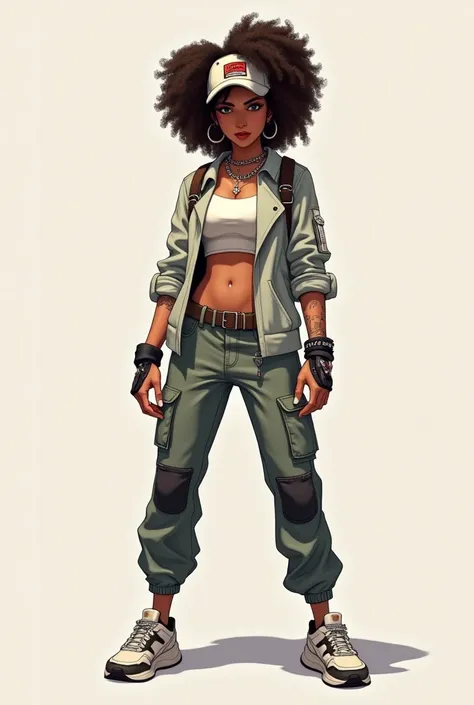 To create a female avatar inspired by Free Fire, imagine a character with voluminous curly hair and a fearless look. She can wear a stylish top and a light jacket., combined with cargo pants and modern sneakers. Accessories such as bracelets and a cap to g...