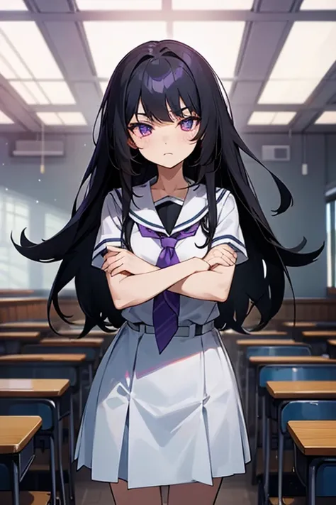 girl, dressed as a schoolgirl, anime style, by black, black hair, by the wide, Violet eyes, he would be, with arms crossed, at school, classroom.