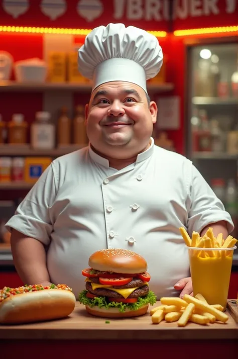 Burger stand called (Andis&#39;Burguer) containing hamburgers, French fries, hot dog and a white chef, bald and chubby