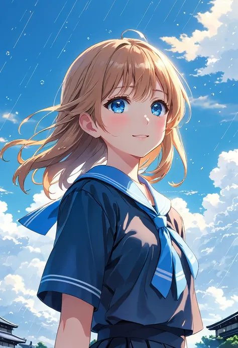 ime girl with long hair and blue eyes standing in the rain, kyoto animation key visual, in style of kyoto animation, anime style...