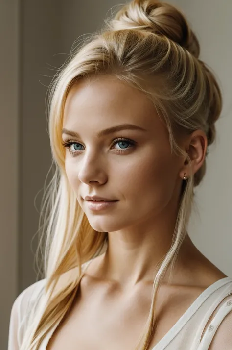 Portrait of blonde woman in flat light looking forward with hair up