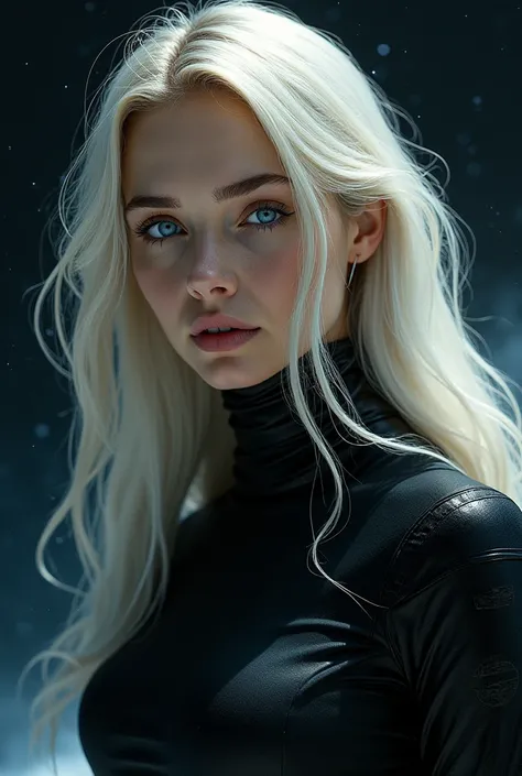 woman ,Golden white hair,blue eyes,,,Black space suit chromatic aberration abuse, 