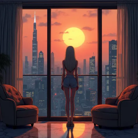 In a dark fantasy comic book style scene, Harley, a young woman with long straight platinum blonde hair, with blue eyes, is standing by the giant window of a luxury apartment overlooking a modern city, where skyscrapers shine under the orange sunset sky. Y...