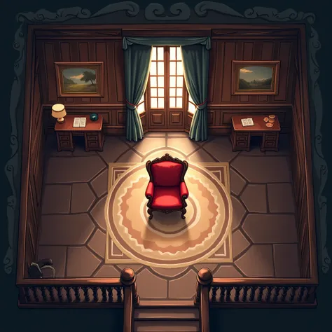 create a 2D rpg battle map, with top view, top view, top-down. From a 1920s mansion, with a large office, with a red chair in the center