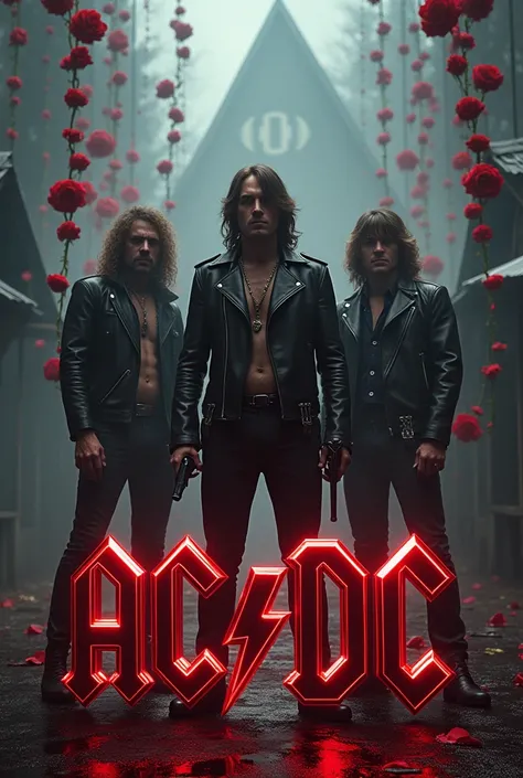 die Band AC/DC with black huts in the background, flashes and circles like in the style of the 70s.the mist rising from below only very slightly. In the lower area a lettering "AC/DC". the lettering in a metallic look in silver optics. Roses and revolvers ...