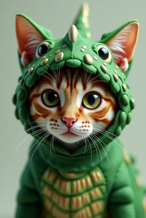 Eyes of a cat with a green dinosaur costume 
