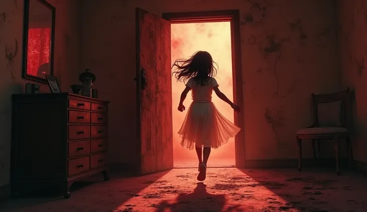 A Dilapidated room, a ten years old indian desi girl ghost are running out from a mirror very scared  red colour dark light picture from head to toe 