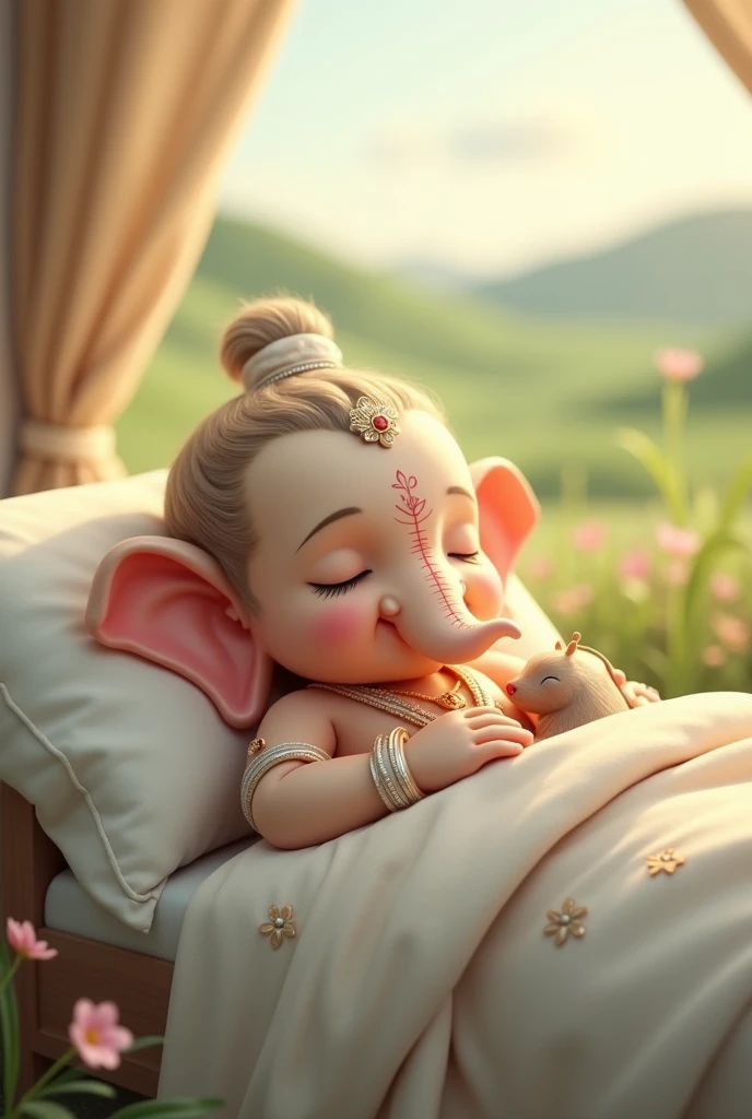 Cute little ganesha sleeping in a cute cot  wearing white color clothes with a rat.