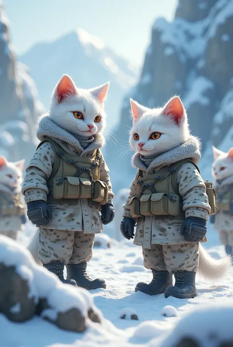 A two-legged kitten cat beastman、Two kitten beast soldiers wearing snow camouflage uniforms、A scene of multiple kitten cat beastmen walking、Snowy mountain scene、Close-up images、(There are four kitten-cat beastmen watching from the surrounding area.)、Clear ...