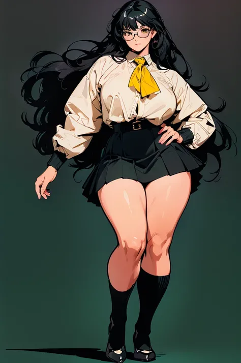 (best lighting), (best quality, masterpiece:1.2), (character sheet same character), illustration by hajime sorayama, perfect body, hyperfeminine curves, woman, 2, (((very long black hair))), yellow eyes, glasses, thick, curvy, high fashion, short socks, sk...