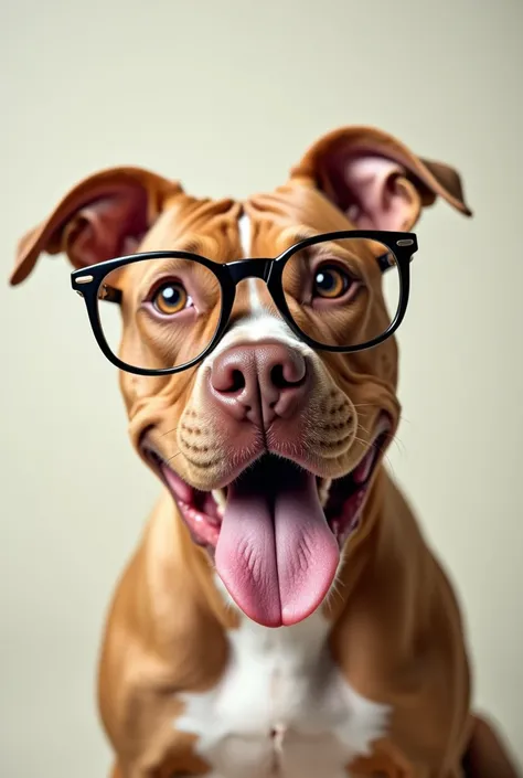 Photo of Pitbull dog with glasses and tongue out