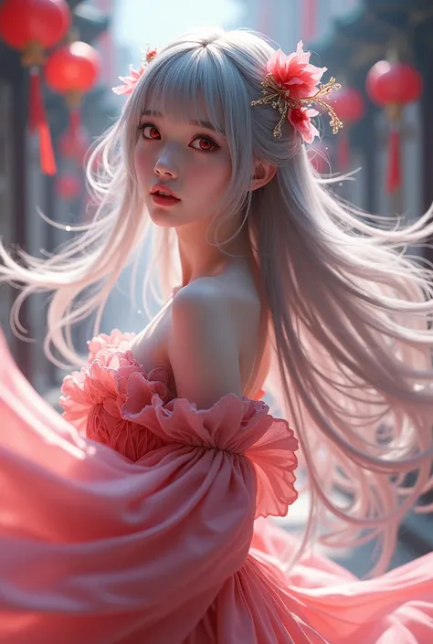 (Very detailedCG 8k, masterpiece, Best Quality, Very detailed), (Better lighting, Better Shadows, Very delicate and beautiful), floating, High chroma, Dynamic Angle, ((One girl)), nice, Ningguang City(Orchid Evening Dress) Gray Hair, Red eyes, Very long ha...