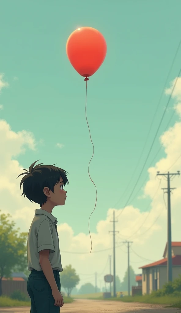 The boy looks sad, watching the balloon fly away.
