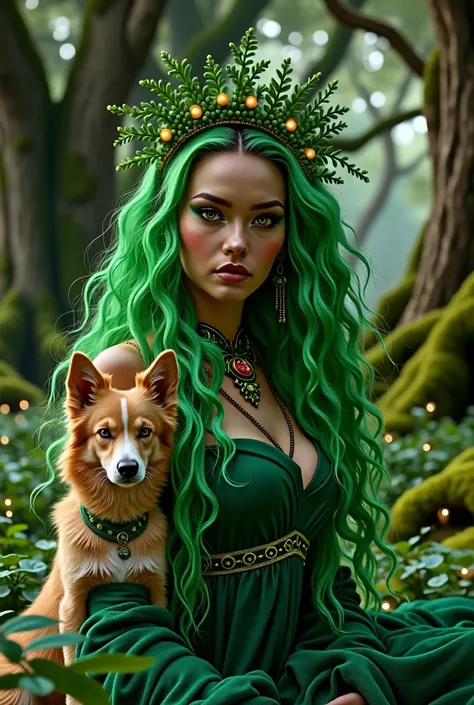 32k hyper realistic image of a gorgeous tan white young female, long thick curly vibrant green hair, flawless green makeup, smokey eyes, luscious lips, gloss lips, wearing a vibrant green gown, green goddess crown, background is lush vegetation, huge mossy...