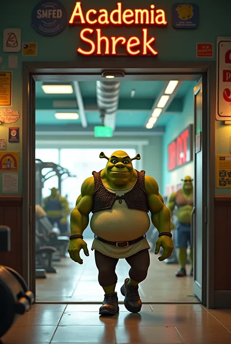 Shrek character entering a gym with a visible sign saying ACADEMIASHREK