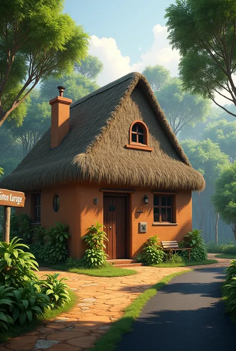 Design an adobe house with a thatched roof situated in a forest, with a black paved road running alongside it. Include a signboard with the name SIMON KAYANGE next to it."