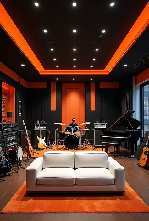 State-of-the-art realistic studio recording room with instruments drums guitar piano with formal black orange colors and a white sofa,high quality youtube cover measurements