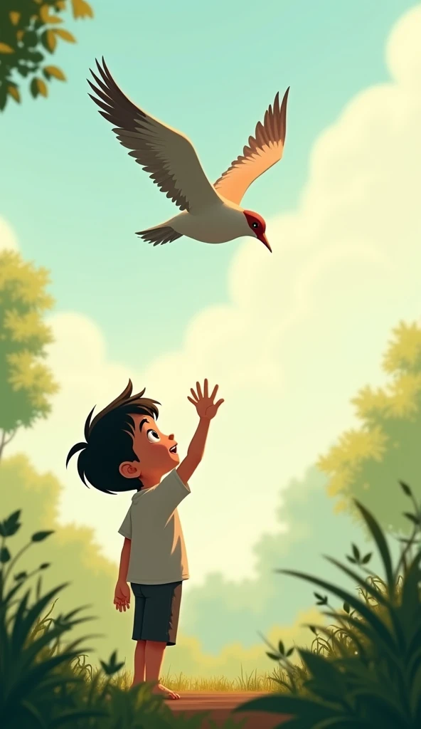 The video ends with the boy waving goodbye to the bird as it flies off.