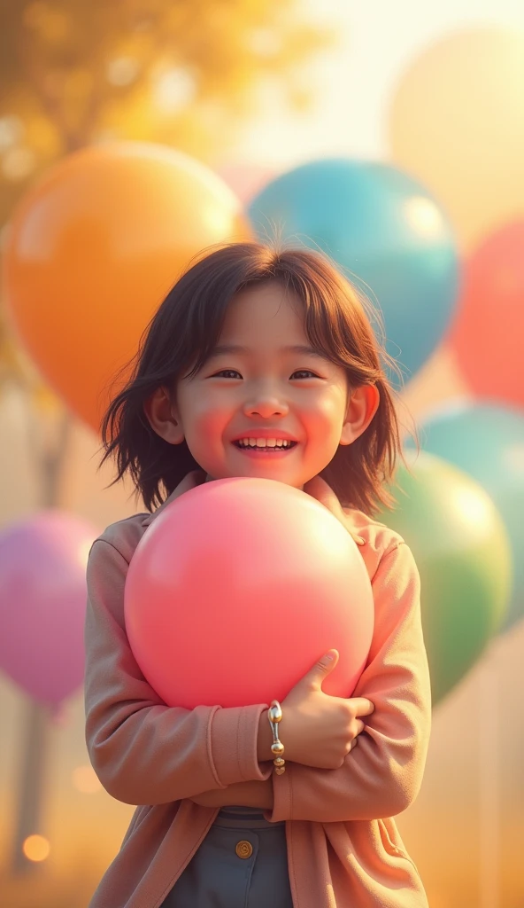 The  smiles brightly and hugs the balloon.
